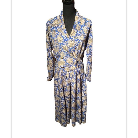 LESLIE FAYE BLUE/MUSTARD PRINT VINTAGE DRESS SZ 6 (FITS 8/10) - Picture 1 of 5